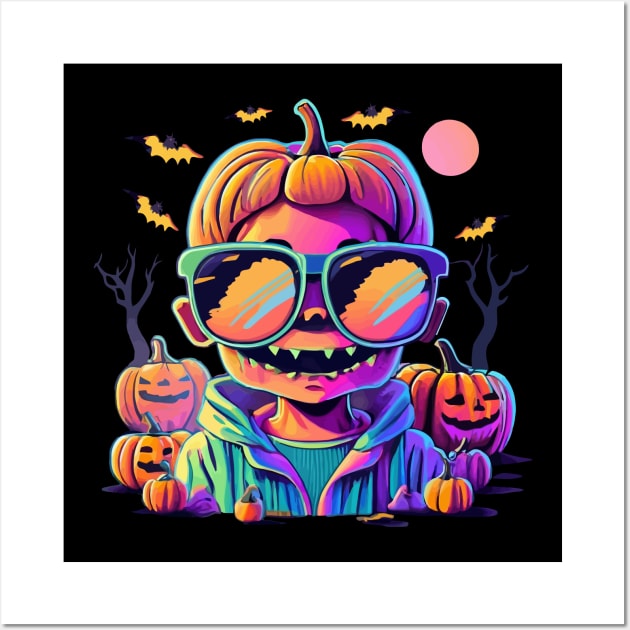 Zombie Boy in Sunglasses Locks Eyes with Furious Spooky Halloween Pumpkins in the Background Wall Art by amithachapa